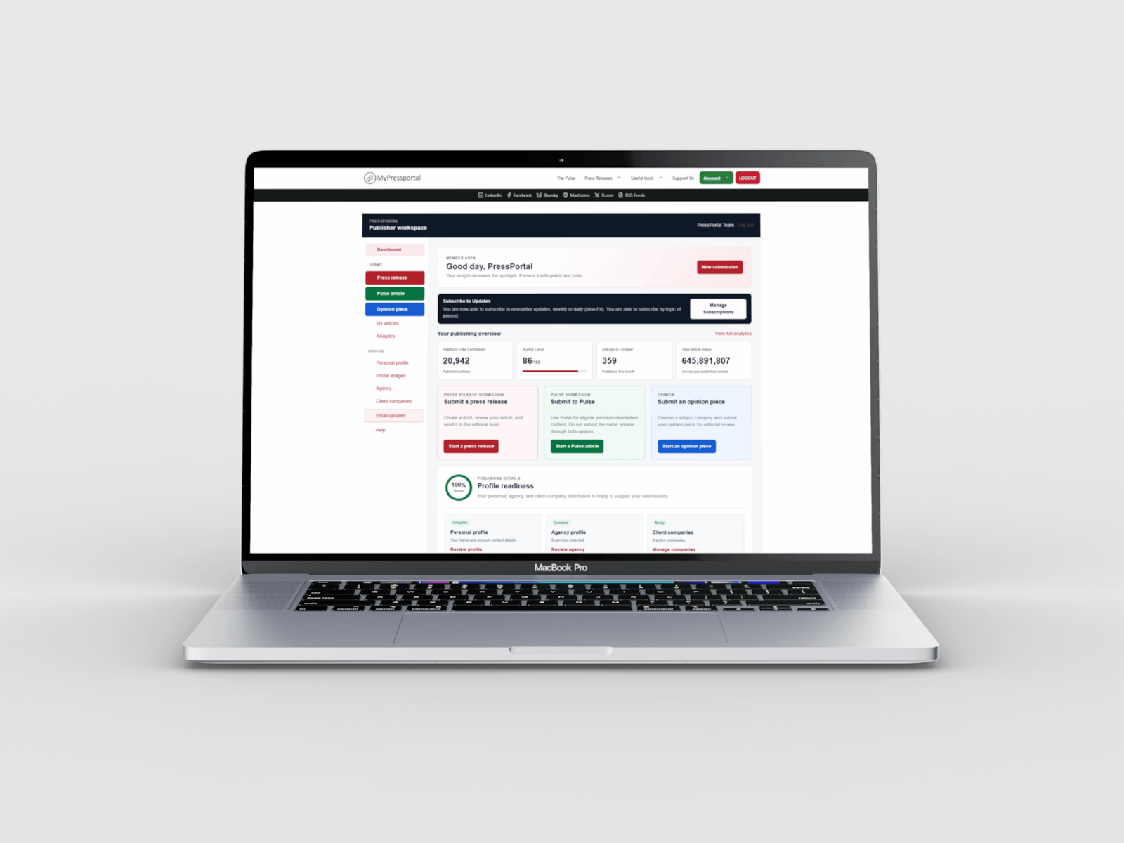 A laptop showing the PressPortal publisher workspace, with the steps to submit a release.